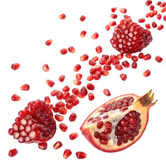 Falling pomegranate seeds isolated on white background. Top view.
