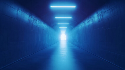 futuristic digital tunnel with glowing blue lights creates sense of mystery and intrigue. smooth walls and bright light at end suggest high tech environment