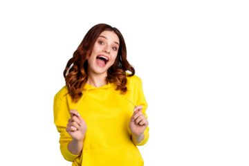 Photo of white curly wavy trendy cheerful charming fascinating youngster expressing wonder mixed with craziness on her face near empty space isolated turquoise vivid color background