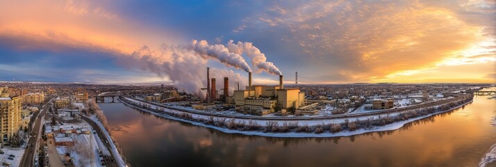 Obraz premium Smoke rolls from the factory, symbolising industrial growth. Environmental problems are growing as gas emissions pollute the air