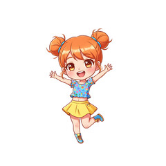 Cute Cheerful Chibi Girl Jumping with Joy in Bright Outfit