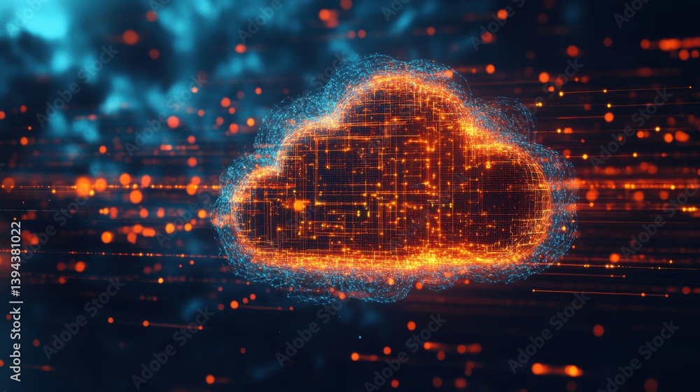 Poster a vibrant digital cloud icon made of glowing lines and particles, representing cloud computing and d