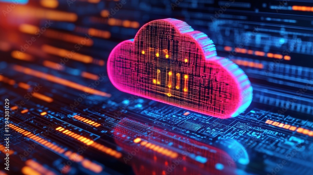 Poster a vibrant digital cloud symbol set against a backdrop of abstract data patterns, representing cloud 