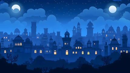 Fototapeta premium Enchanted Night Cityscape with Moonlight Over Silhouette of Exotic Architecture and Starry Sky
