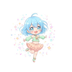 Excited Chibi Girl with Sparkles Around Her and Hands Up in Celebration