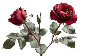 A red rose with leaves, isolated on a transparent background