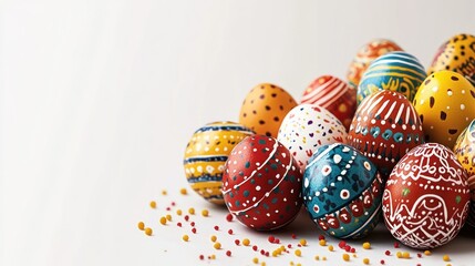 Fototapeta premium Colorful Hand-Painted Easter Eggs with Beautiful Patterns and Vibrant Colors on a Minimal White Background