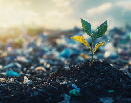 young plant grows resiliently from black soil amidst backdrop of scattered plastic waste, symbolizing hope and environmental renewal