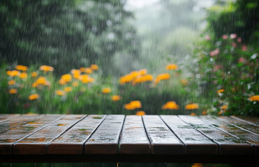 Naklejka premium rainy day scene with wooden table and blurred flowers in background creates serene atmosphere. wet surface of table reflects gentle rain, enhancing peaceful mood