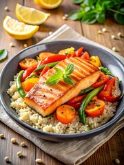 Salmon fillet with vegetables and couscous in a bowl