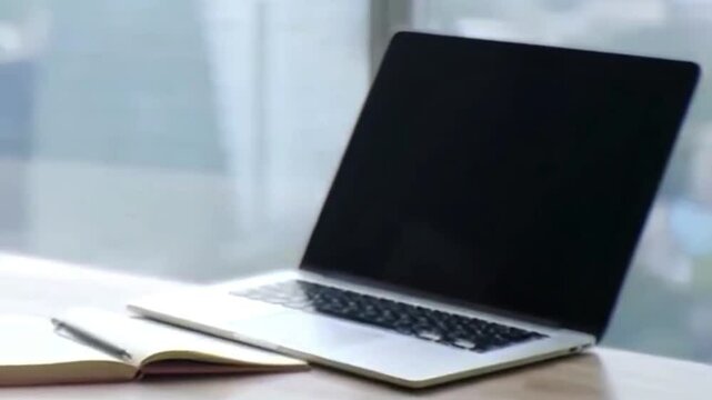Modern laptop with blank black screen placed on wooden office desk beside open notebook and pen, ideal for workspace, remote work, tech presentations, or productivity themes

