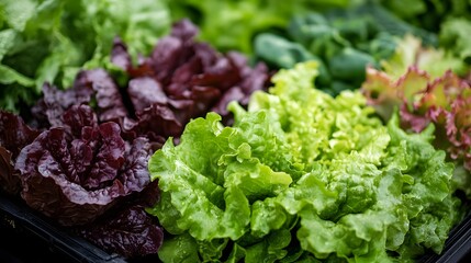 Close-up view of various types of fresh lettuce. Green, red, and burgundy lettuce leaves are shown. Vibrant Assortment of Fresh Lettuce