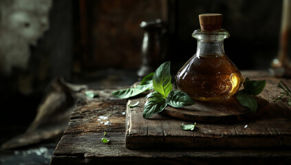 rustic scene featuring bottle of olive oil with fresh basil leaves on wooden surface, evoking sense of natural simplicity and culinary inspiration
