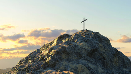 Obraz premium cross stands atop rugged mountain under serene sky, with soft clouds illuminated by warm glow of setting sun, creating peaceful and contemplative atmosphere