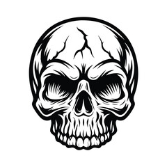 Monochrome Skull Illustration, Detailed Outline, Cracked Skull, Grinning Death, Isolated