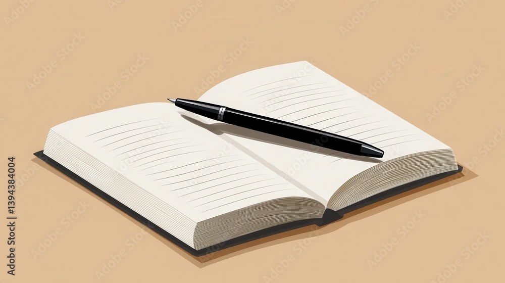 Poster an open notebook with empty pages and a black pen on top, set against a beige background.
