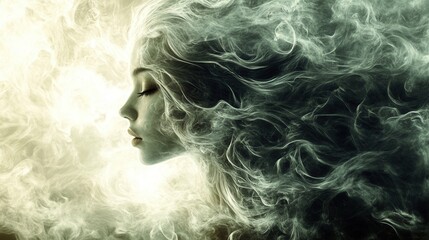 Ethereal portrait of a woman with flowing hair, surrounded by wisps of smoke, creating a dreamlike and mystical atmosphere.