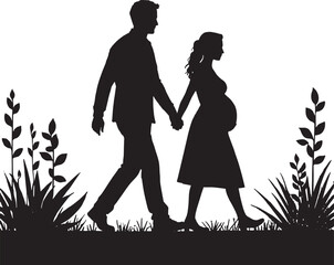 Pregnancy wellness concept featuring a silhouette of a couple walking under trees.