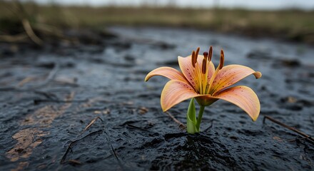 Lily Flower Growing in Mud Symbolizing Resilience and Hope Concept