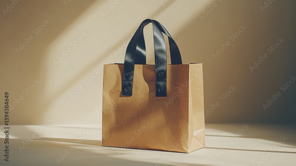 Poster a minimalist brown paper bag with black handles sits on a light surface, illuminated by soft sunligh