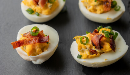  party appetizer featuring deviled eggs topped with crispy bacon and chopped green onions