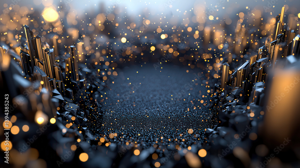 Poster futuristic abstract background with navy and gold tones, featuring glowing particles and metallic ge
