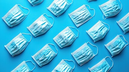 Many light-blue disposable face masks arranged in a grid pattern on a bright-blue surface.