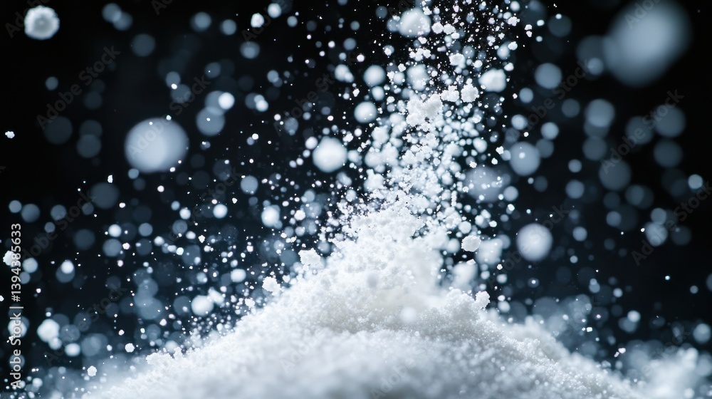 Poster a close-up of white powder particles suspended in the air, creating a dynamic effect against a dark 