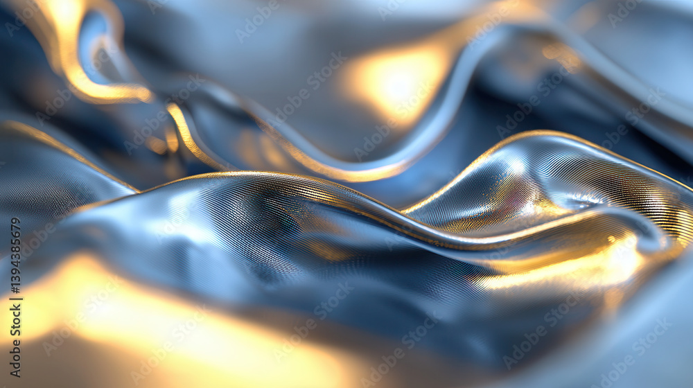 Poster dynamic navy and gold abstract waves with holographic metallic texture, creating luxurious and fluid