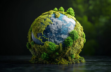 Fototapeta premium 3D render of Earth globe covered with lush moss and vibrant forest trees, symbolizing nature and environmental conservation. scene evokes sense of tranquility and harmony