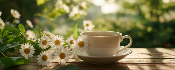Fototapeta premium white cup of tea sits on wooden table surrounded by daisies, with blurred green background creating serene and peaceful atmosphere