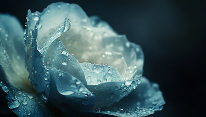 beautiful blue rose covered in glistening water droplets is captured in close up shot, highlighting its delicate petals and serene ambiance