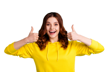Photo of wavy curly cheerful excited emotional girlfriend showing you thumb up double smiling toothily isolated over turquoise vibrant color background