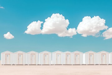 Row of Grey Mobile Storage Cabins Lined Against a Bright Blue Sky During Daytime