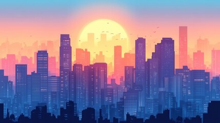 A vibrant city skyline at sunset, featuring silhouetted skyscrapers against a colorful sky, blending shades of pink, blue, and orange.