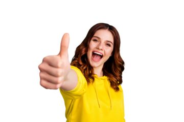 Photo of curly wavy excited cheerful shouting youngster showing you thumb up demonstrating her respect isolated over turquoise color vivid background