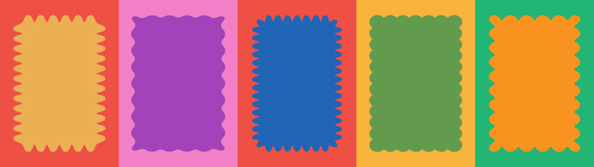 Wavy scalloped color rectangular frame set for design project, decoration, funky zigzag. Retro Vector