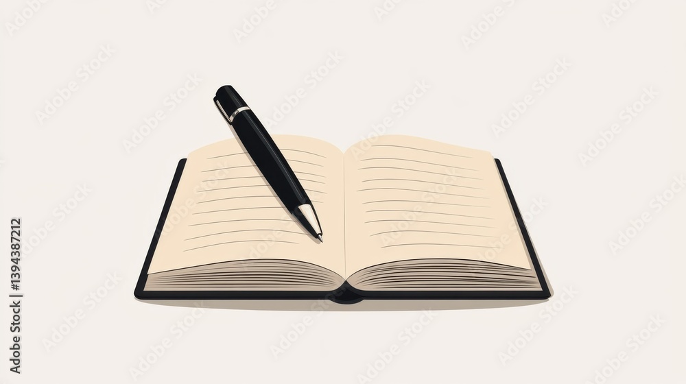 Poster an open notebook with a pen resting on its pages, showcasing a clean and minimalist design perfect f