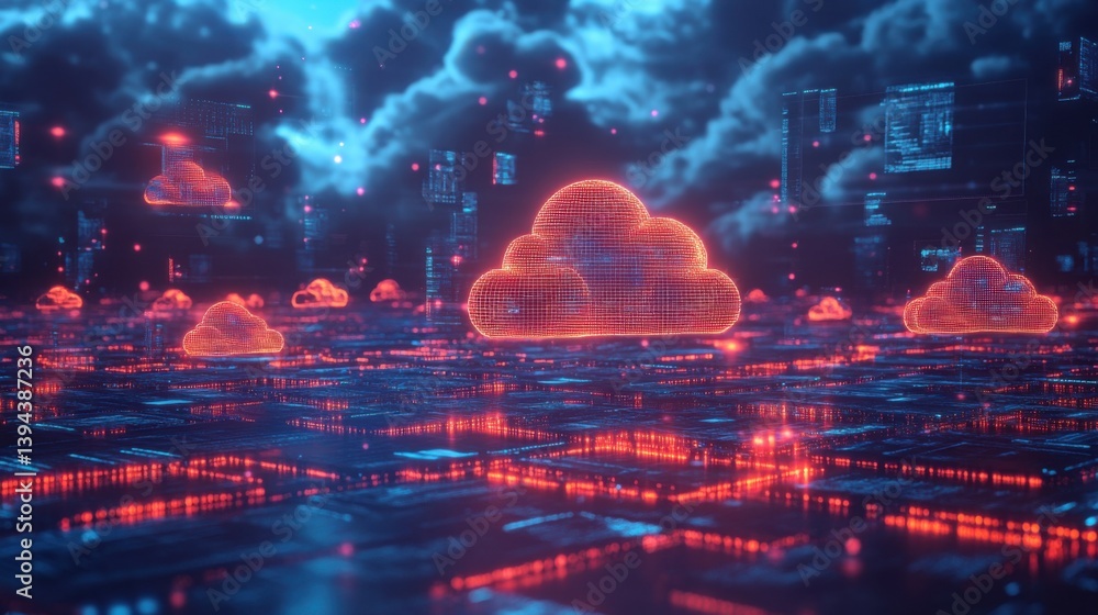 Poster a futuristic digital landscape featuring glowing cloud icons and circuit-like patterns against a moo