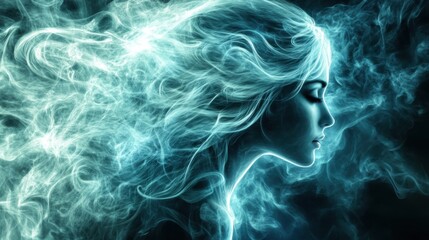 Obraz premium Ethereal silhouette of a woman surrounded by flowing, luminous wisps of smoke, creating a dreamlike and mystical atmosphere.