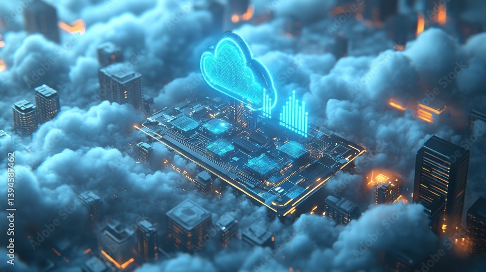 Poster a futuristic digital cityscape with a glowing cloud symbol and data analytics graphics above, repres