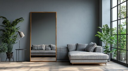Modern living room interior with large mirror, sofa, and plants.