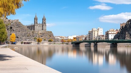 Naklejka premium Scenic view of a historic castle and bridge by a tranquil river under a clear sky