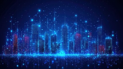 A vibrant digital skyline illuminated with blue lights, showcasing a futuristic cityscape against a dark background.
