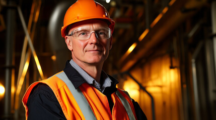 Industrial engineer in safety gear exudes confidence, embodying workplace professionalism and resilience.