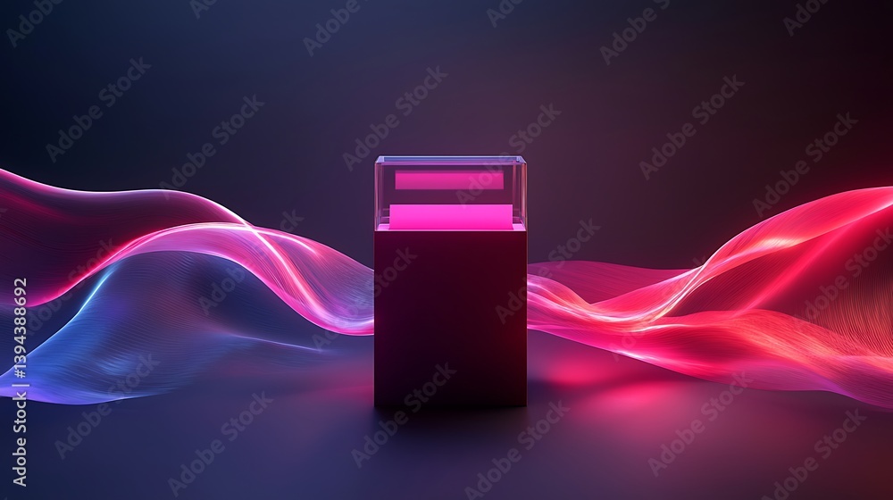 Poster a glowing display pedestal with abstract light formations and color