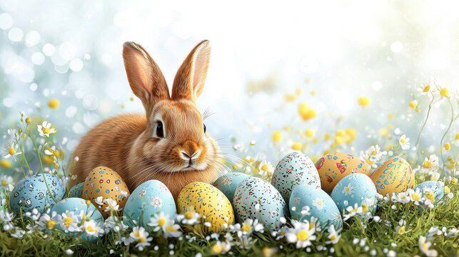 An adorable brown bunny rabbit sits peacefully amidst a colorful collection of Easter eggs led in a bed of delicate daisies and vibrant green grass.
