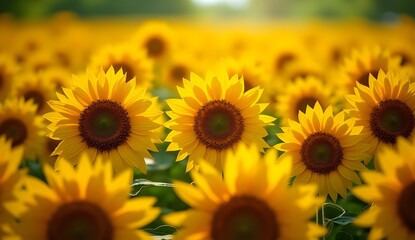 Obraz premium Bright yellow sunflowers with brown centers on soft green background