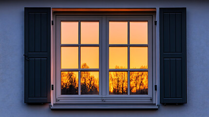 Fototapeta premium Sunset reflected in a window with shutters