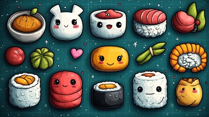 A colorful, playful illustration of various adorable sushi and dim sum items, featuring cute facial expressions and vibrant colors.
